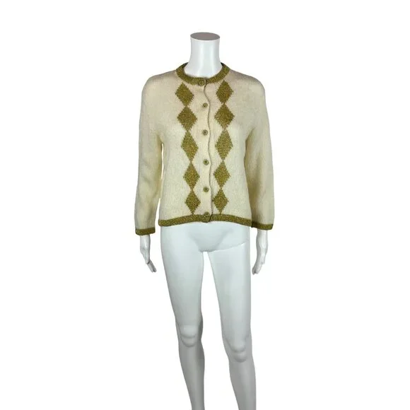 Vintage 80s Metallic Cardigan Women's Large Gold Harlequin Diamonds Sweater - Picture 8 of 8